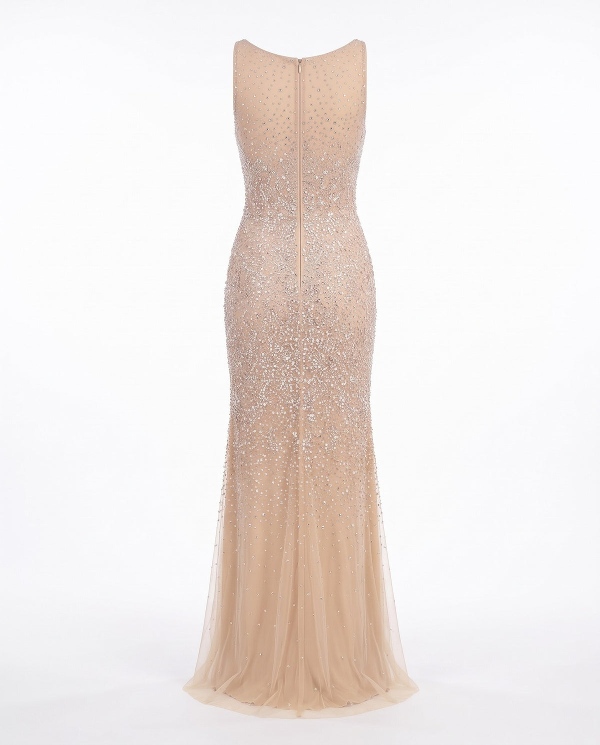 Abito da sera nude con paillettes, vista retro, scollatura a V e zip centrale