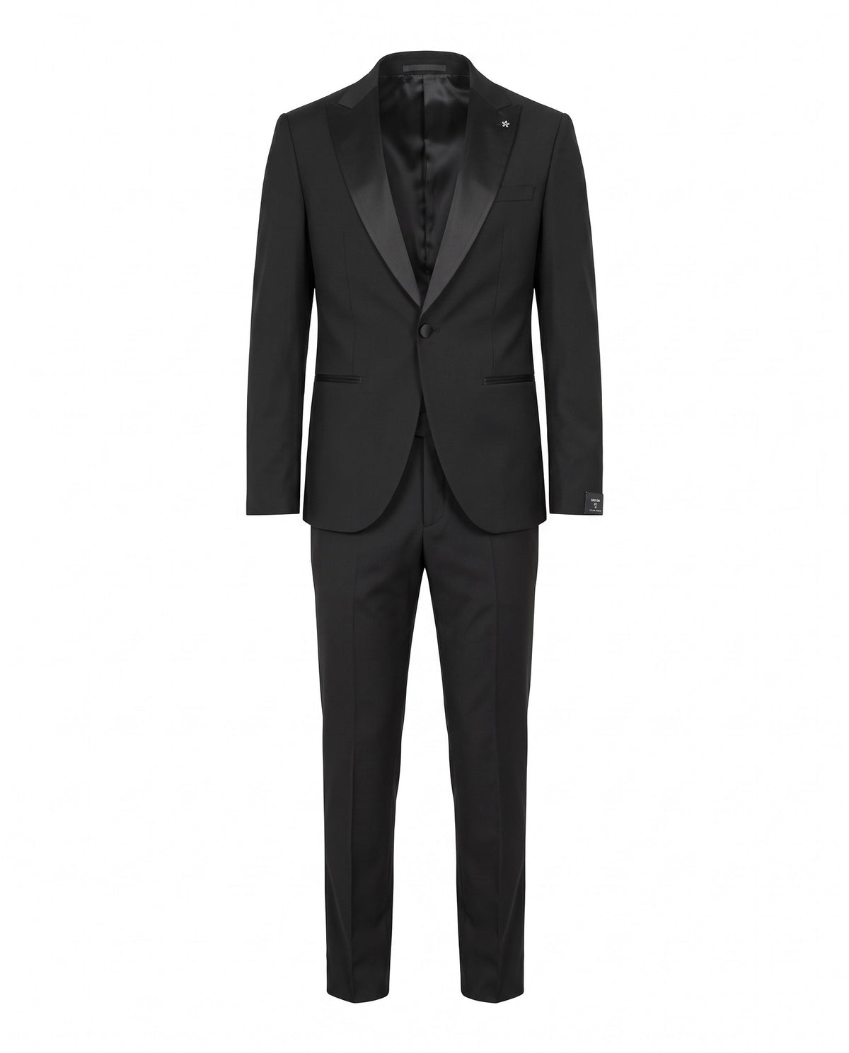 Smoking nero completo, giacca con risvolto in raso e pantalone, still life ghost mannequin