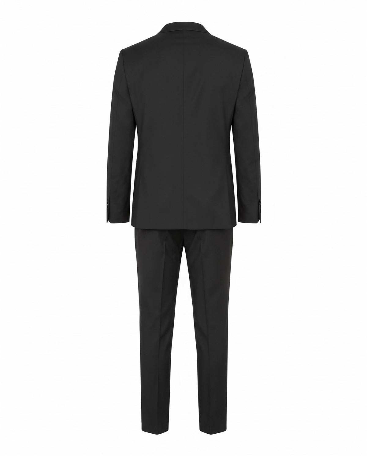 Abito nero da uomo visto da dietro, giacca e pantalone su sfondo bianco